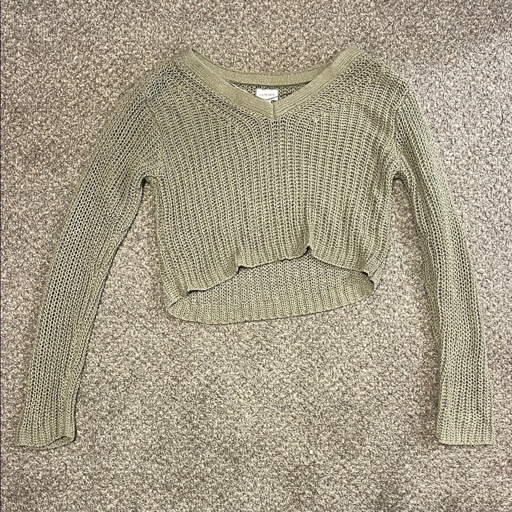 Cropped Olive Knit Sweater - Women